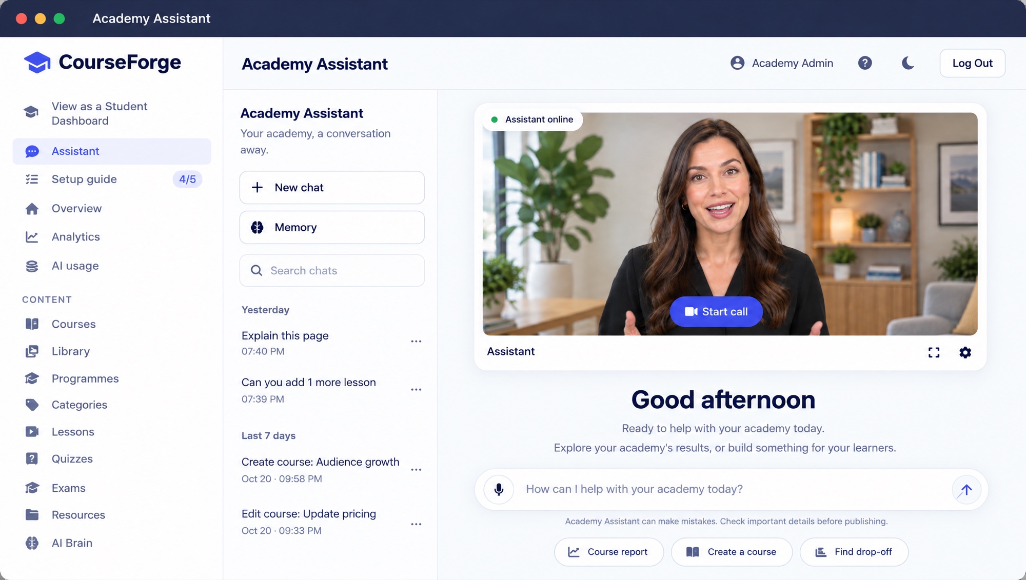 The CourseForge Academy Assistant with an AI avatar ready to start a call