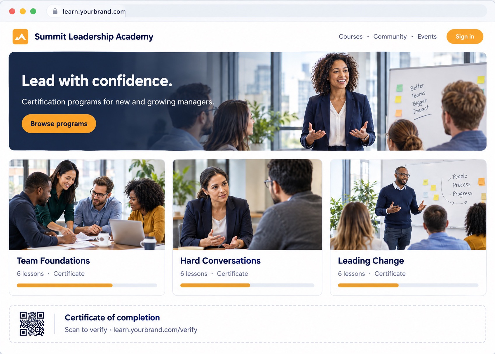 A white-label academy site with its own logo, colours, domain, course catalog and verifiable certificates