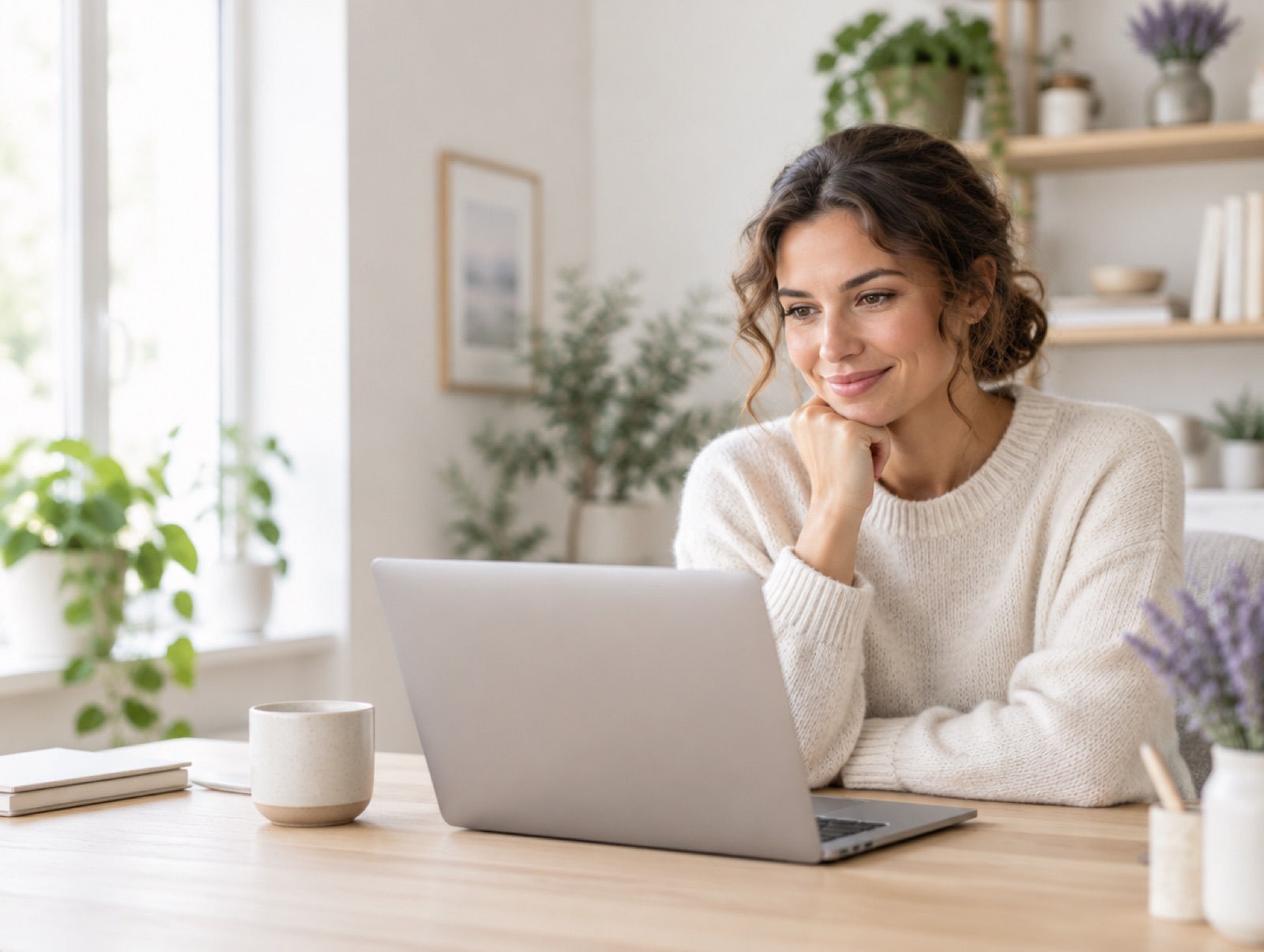 An expert planning her online course at a laptop