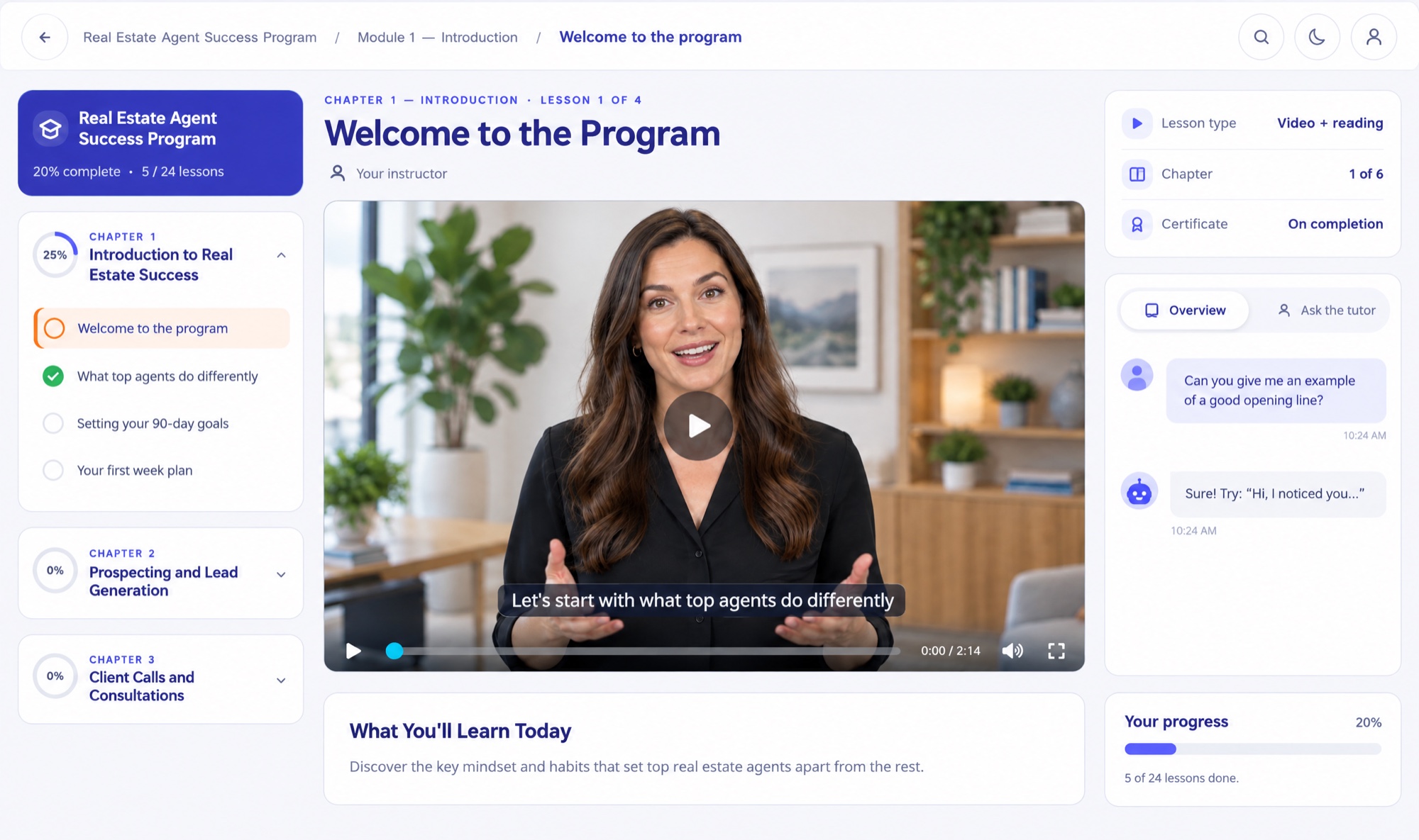 A student lesson page with the AI avatar video, chapter progress and the lesson tutor